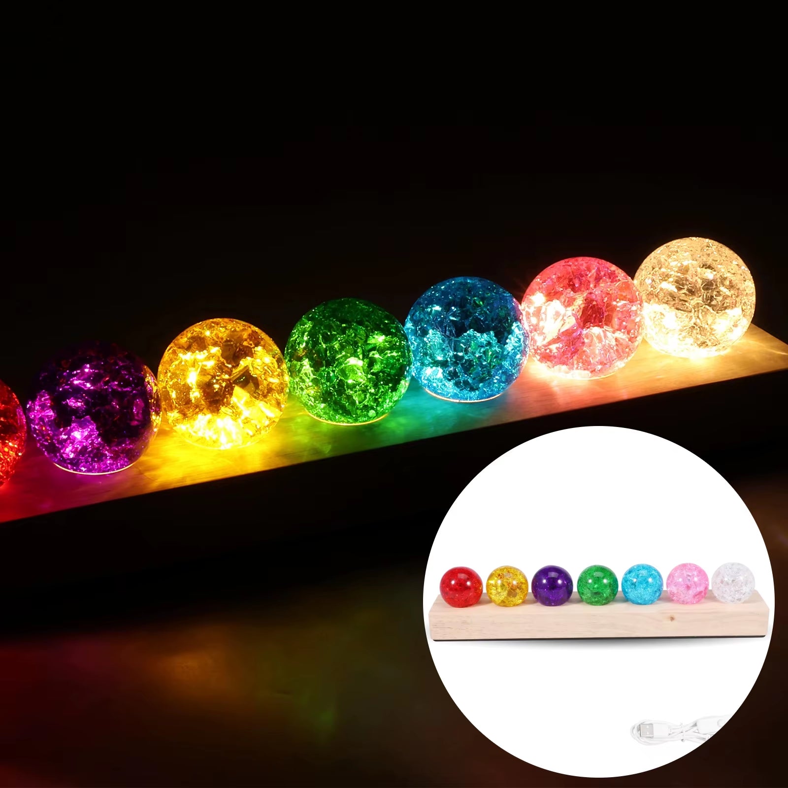 Colorful Crystal Ball Ornament Small Night Light 7 Crystal Balls with Wooden LED Lamp Holders Home Decoration Night Light Gift